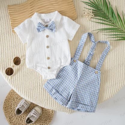 Baby Gingham Bow Tie Bodysuit and Overalls 2-piece Set - Blue - 12-18M - image 4