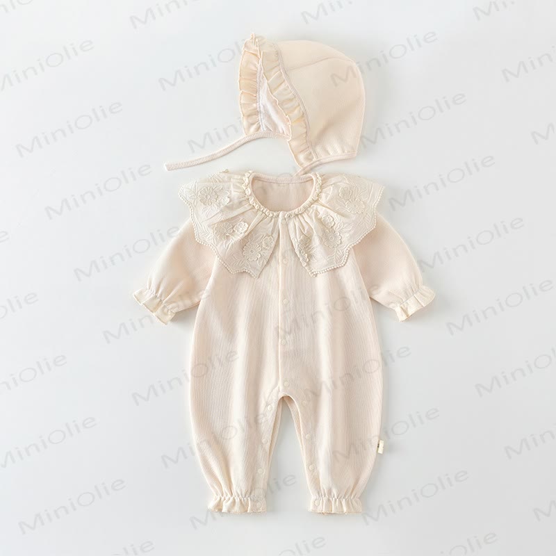 Baby Girls Floral Ruffle Collar Long Sleeves Romper with Hat  - Beige Romper With Hat - 18-24M - image 1