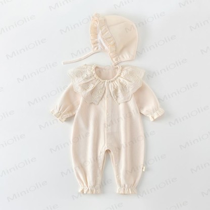 Baby Girls Floral Ruffle Collar Long Sleeves Romper with Hat  - Beige Romper With Hat - 18-24M - image 1
