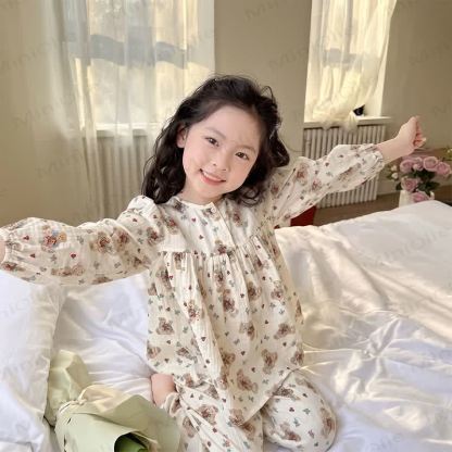 Toddler Animal/Solid Color Long Sleeve Top and Pants Pajama Set - Beige Floral - 10-11T - image 2
