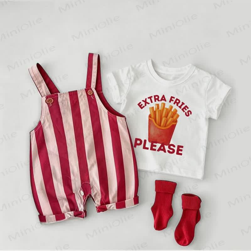 EXTRA FRIES PLEASE Baby Red Stripe Overalls and White Tee 2-piece Set - White&Red - 2-3T - image 1