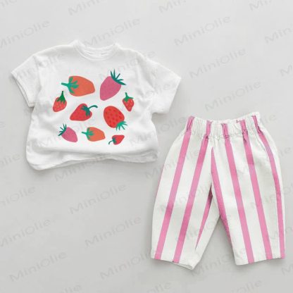 Baby Girls Strawberry Pink Vertical Striped 2-piece Set - White&Pink - 2-3T - image 1