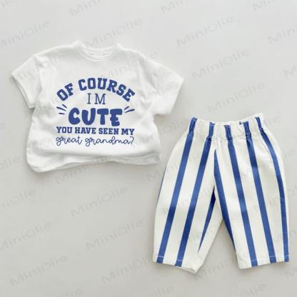 OF COURSE I'M CUTE YOU HAVE SEEN MY GREAT GRANDMA? Baby Blue Vertical Striped 2-piece Set - White&Blue - 2-3T - image 1