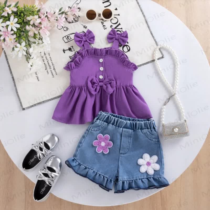 Baby Girl Bow&Flower Purple Sleeveless Top and Denim Shorts 2-piece Set - Purple - 2-3Y - image 1