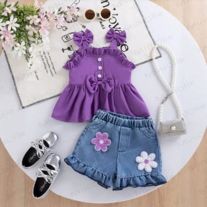 Baby Girl Bow&Flower Purple Sleeveless Top and Denim Shorts 2-piece Set - Purple - 2-3Y - image 1