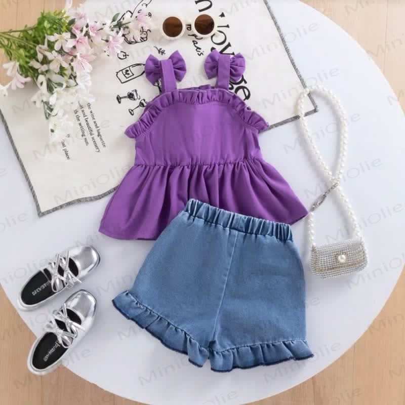 Baby Girl Bow&Flower Purple Sleeveless Top and Denim Shorts 2-piece Set - image 2
