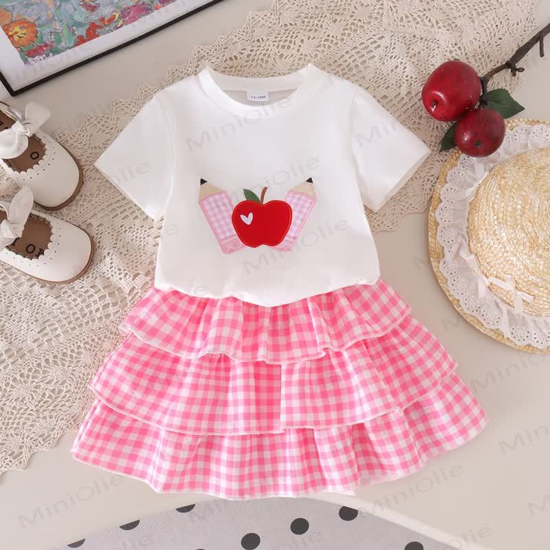 Toddler Baby Girls Apple Applique Tee and Pink Tiered Skirt 2-piece Set - White - 4-5Y - image 1
