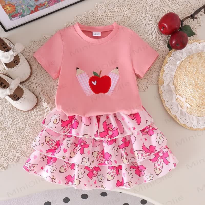 Toddler Baby Girls Apple Applique Tee and Pink Tiered Skirt 2-piece Set - Pink - 4-5Y - image 2