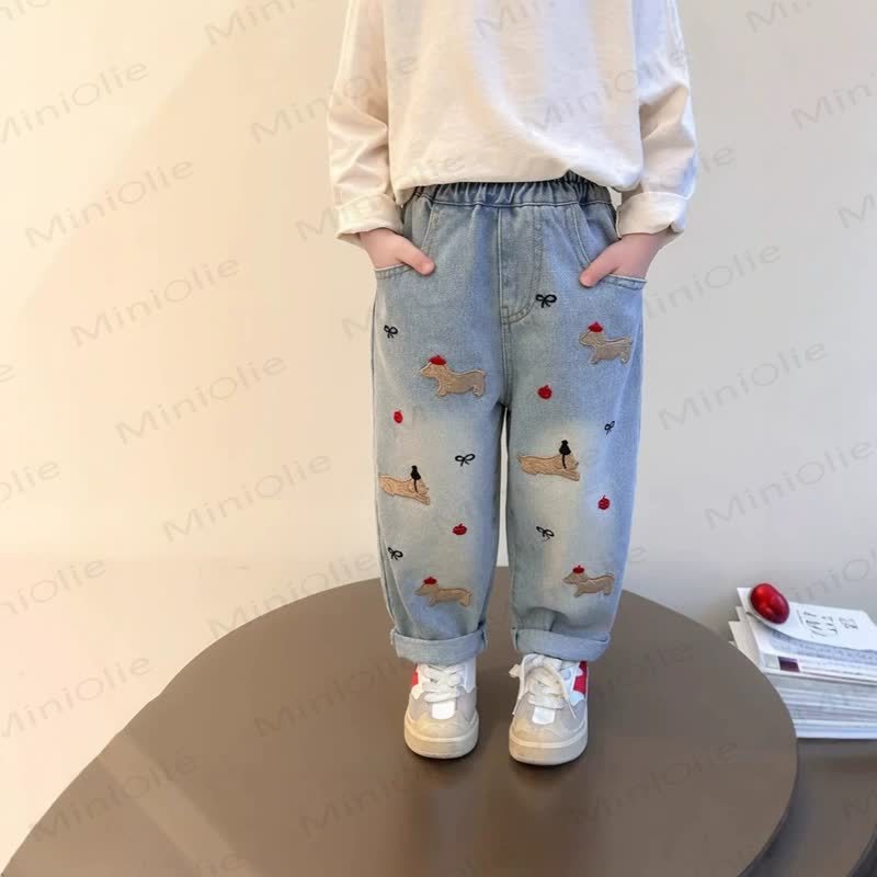 Toddler Embroidered Puppy Light Wash Denim Pants - Blue - 8-10T - image 1