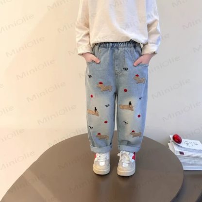 Toddler Embroidered Puppy Light Wash Denim Pants - Blue - 8-10T - image 1