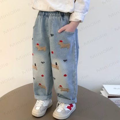 Toddler Embroidered Puppy Light Wash Denim Pants - image 3