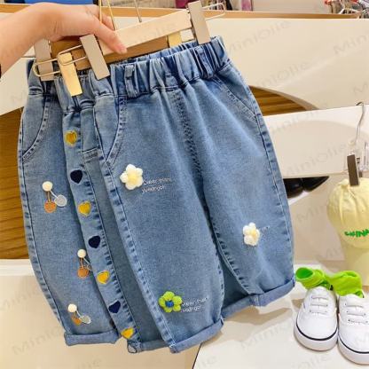 Toddler Baby Blue Embroidered Pattern Denim Pants - Blue Flower - 6-7T - image 1