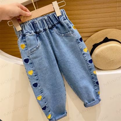 Toddler Baby Blue Embroidered Pattern Denim Pants - Blue Heart - 6-7T - image 3