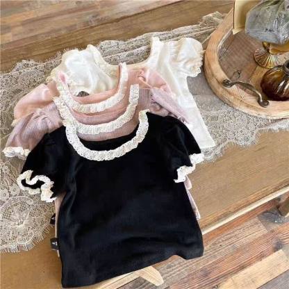 Toddler Baby Girl Knit Lace Neck Tee - image 1