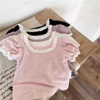 Toddler Baby Girl Knit Lace Neck Tee - image 2