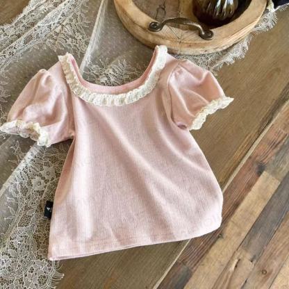 Toddler Baby Girl Knit Lace Neck Tee - Pink - 6-7T - image 5
