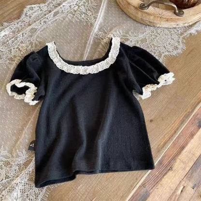 Toddler Baby Girl Knit Lace Neck Tee - Black - 6-7T - image 4