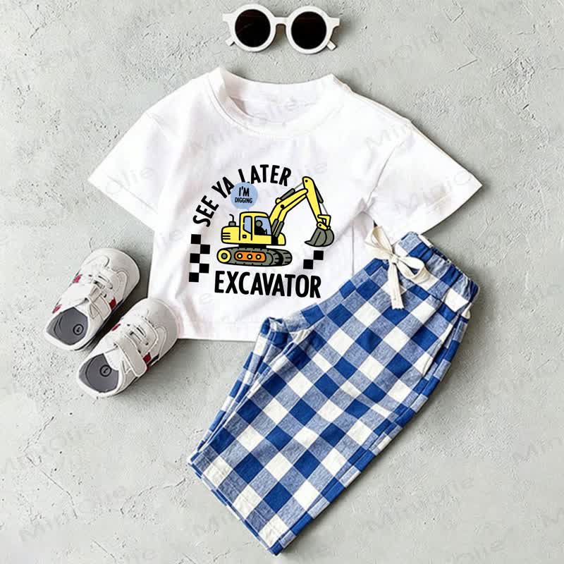 SEE YA LATER I'M DIGGING EXCAVATOR Baby White T-shirt and Blue Plaid Pants 2-Piece Set - White&Blue - 2-3T - image 1