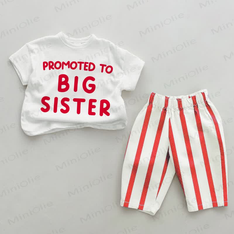 PROMOTED TO BIG SISTER/BROTHER Baby White&Red Vertical Striped 2-piece Set - White&Red: SISTER - 4-5T - image 1