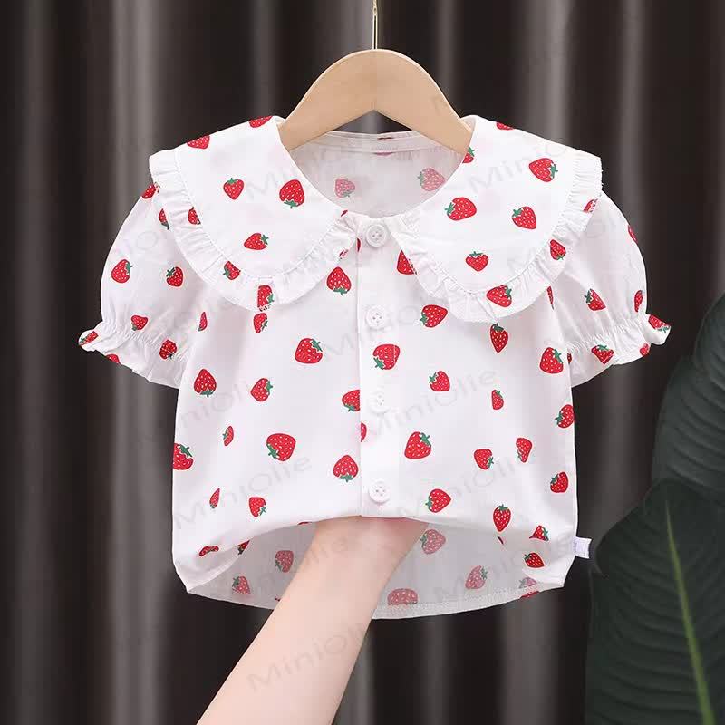 Baby Toddler Girl Peter Pan Collar Short Sleeve T-Shirt - Strawberry - 6-7T - image 9