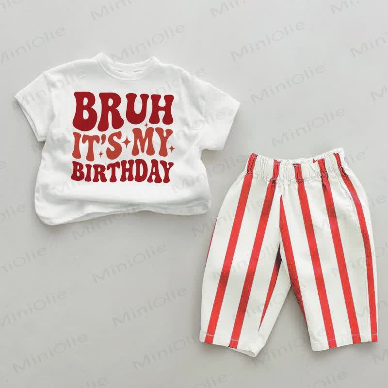 BRUH IT'S MY BIRTHDAY Baby White&Red Vertical Striped 2-piece Set - White&Red - 4-5T - image 1