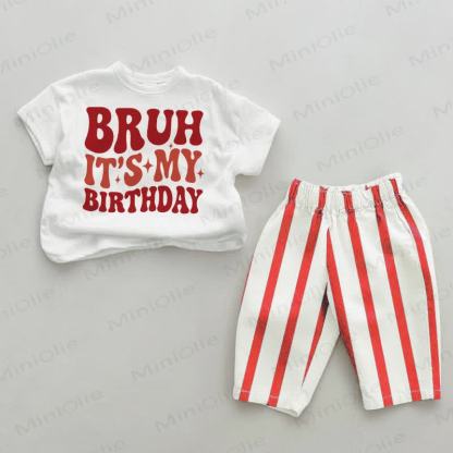 BRUH IT'S MY BIRTHDAY Baby White&Red Vertical Striped 2-piece Set - White&Red - 4-5T - image 1