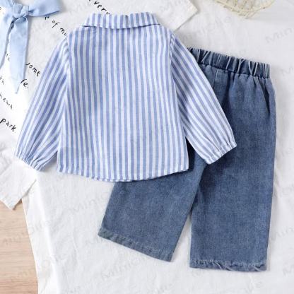 Baby Girls Bow Blue Stripe Long Sleeve Shirt and Denim Pants 2-piece Set - image 2