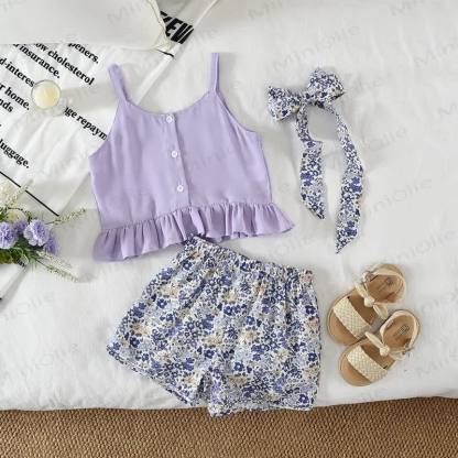 Toddler Girl Ruffle Camisole Top and Floral Shorts 2-piece Set - Purple - 7Y - image 2