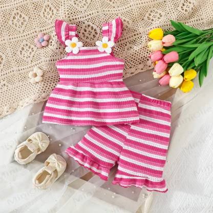 Baby Girls Strap Striped Ruffle Hem Top and Shorts 2-piece Set - Pink - 2-3Y - image 3