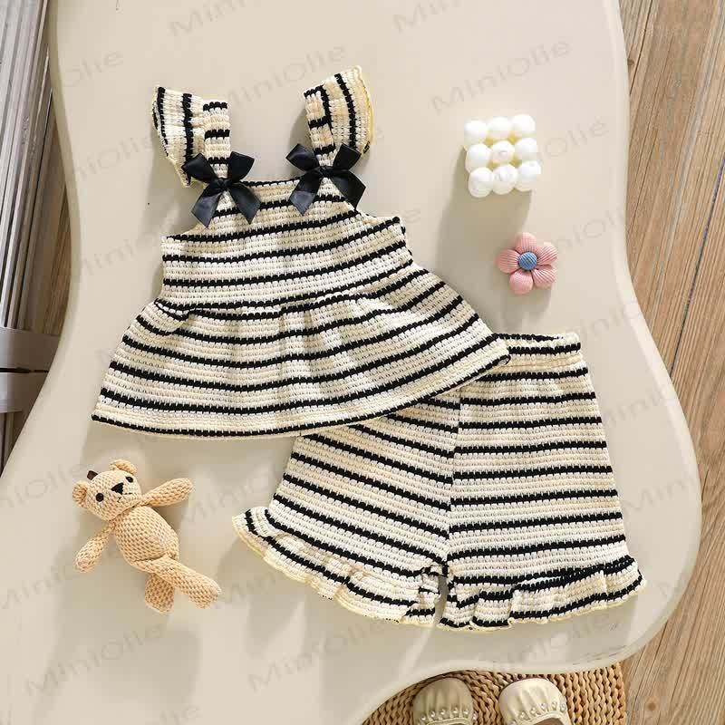 Baby Girls Strap Striped Ruffle Hem Top and Shorts 2-piece Set - Beige - 2-3Y - image 5