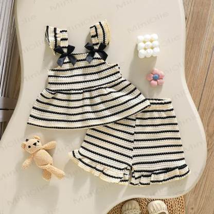 Baby Girls Strap Striped Ruffle Hem Top and Shorts 2-piece Set - Beige - 2-3Y - image 5