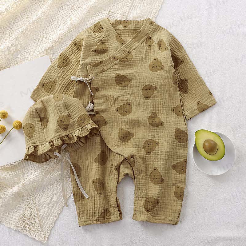 Baby Bear/Floral Gauze Romper with Ruffle Bonnet - Khaki Bear - 18-24M - image 9