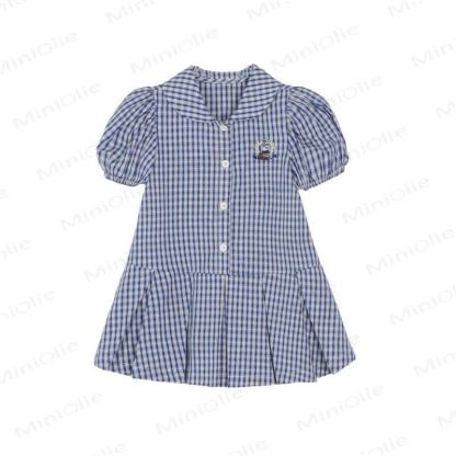 Toddler Baby Girl Navy Blue Gingham Puff Sleeve Dress - image 2