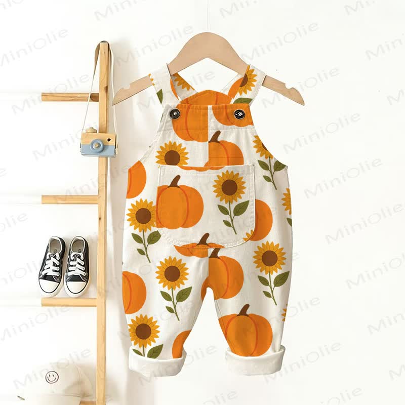 Baby Toddler Pumpkin Sunflower Print Beige Overalls  - Beige - 3-5T - image 1