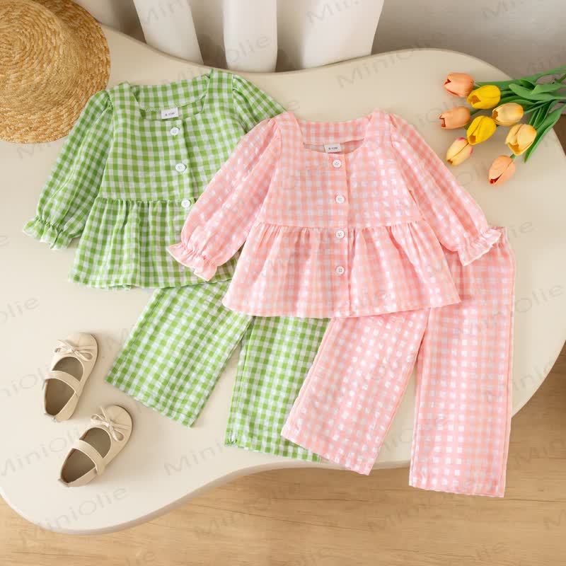 Toddler Baby Girls Gingham Long Sleeve Top and Pants 2-piece Set - image 1