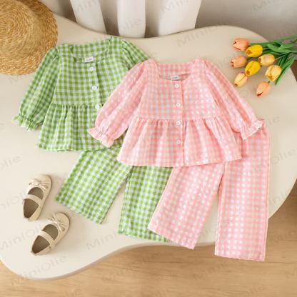 Toddler Baby Girls Gingham Long Sleeve Top and Pants 2-piece Set - image 1