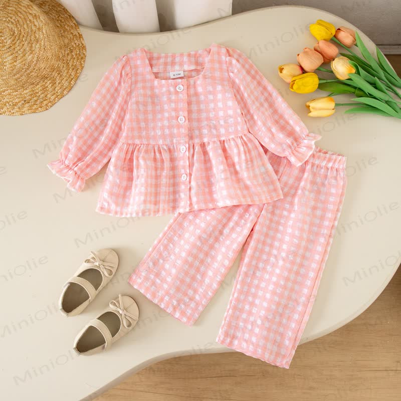 Toddler Baby Girls Gingham Long Sleeve Top and Pants 2-piece Set - Pink - 4-5Y - image 3