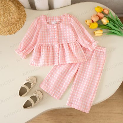Toddler Baby Girls Gingham Long Sleeve Top and Pants 2-piece Set - Pink - 4-5Y - image 3