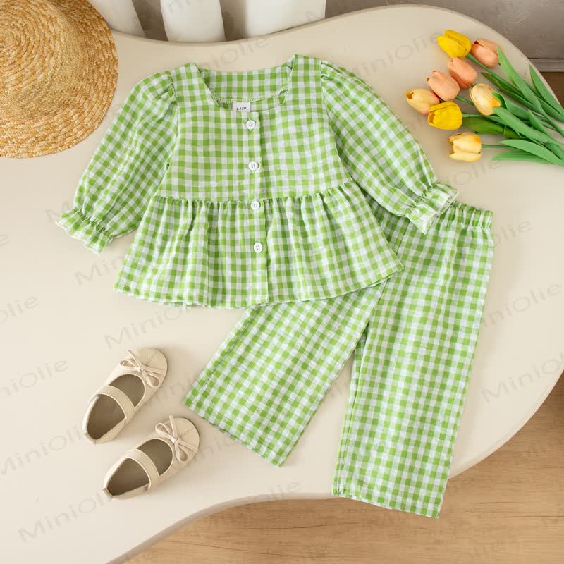 Toddler Baby Girls Gingham Long Sleeve Top and Pants 2-piece Set - Green - 4-5Y - image 2