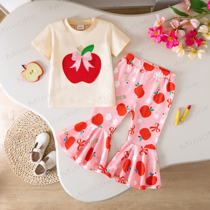 Toddler Baby Girls Apple Applique Tee and Printed Flare Pants Set - Beige - 5-6Y - image 1