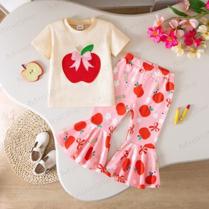 Toddler Baby Girls Apple Applique Tee and Printed Flare Pants Set - Beige - 5-6Y - image 1