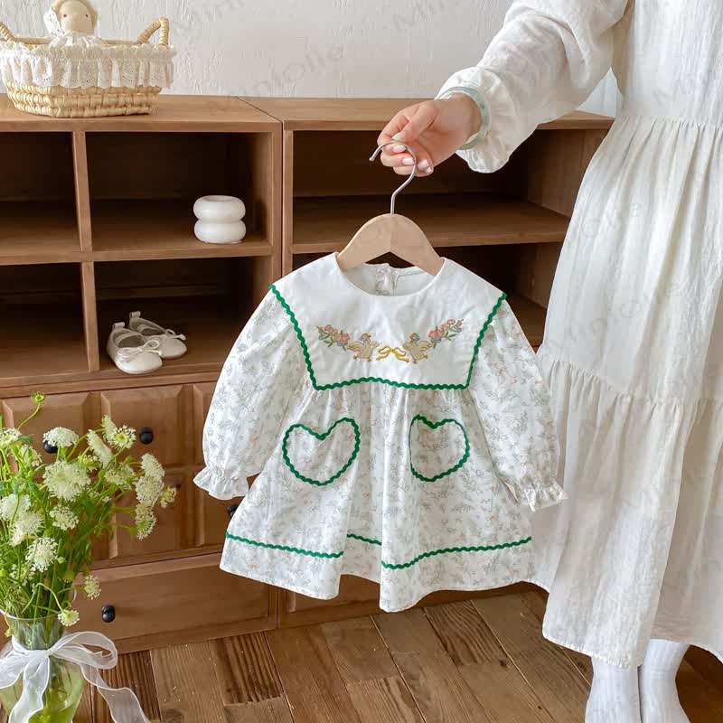 Toddler Girl Duck Print Long Sleeve Dress - White&Green - 6-7T - image 1