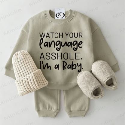 WATCH YOUR LANGUAGE ASSHOLE. I'M A BABY. Baby Grey Green Sweatshirt 2-piece Set - Grey Green - 2-3T - image 1