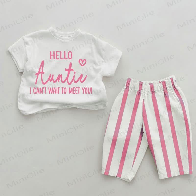 HELLO AUNTIE I CAN'T WAIT TO MEET YOU! Baby Girls Pink Vertical Striped 2-piece Set - White&Pink - 2-3T - image 1