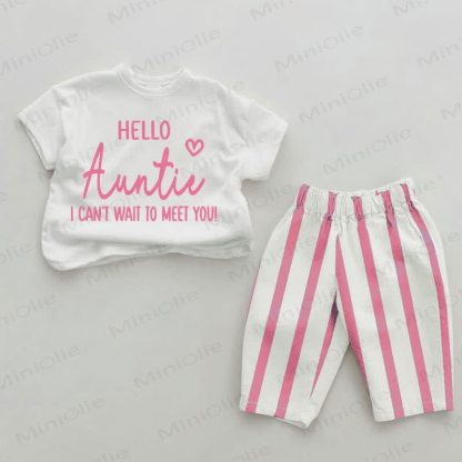 HELLO AUNTIE I CAN'T WAIT TO MEET YOU! Baby Girls Pink Vertical Striped 2-piece Set - White&Pink - 2-3T - image 1