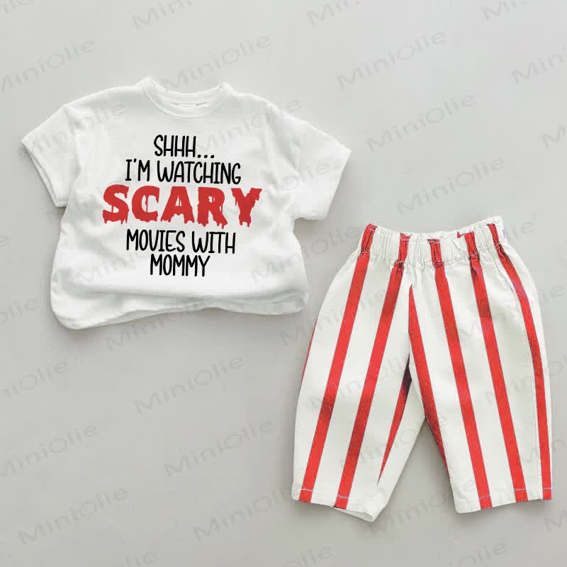 SHHH…I'M WATCHING SCARY MOVIES WITH MOMMY Baby White&Red Vertical Striped 2-piece Set - White&Red - 4-5T - image 1