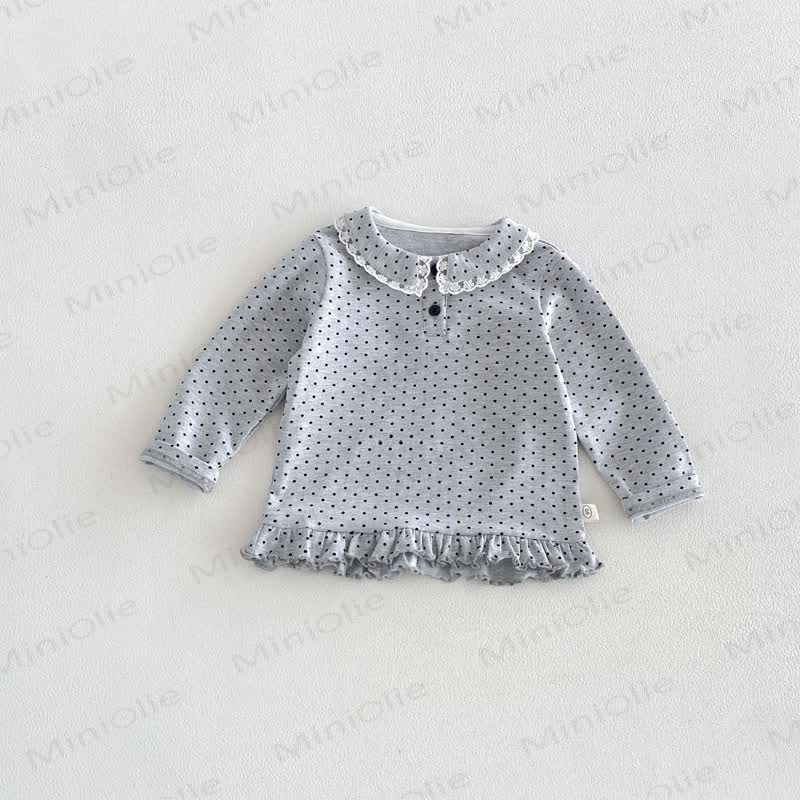 Baby Toddler Girl Lace Peter Pan Collar Long Sleeve T-Shirt - Gray Black Dot - 6-7T - image 7