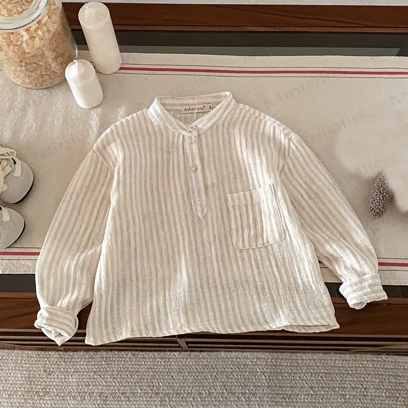 Toddler Kid Vertical Stripe Long Sleeve Linen T-Shirt - Coffee - 8-9T - image 7