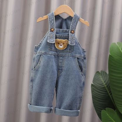 Toddler Baby Blue Bear Pocket Denim Rolled Hem Overalls - image 2