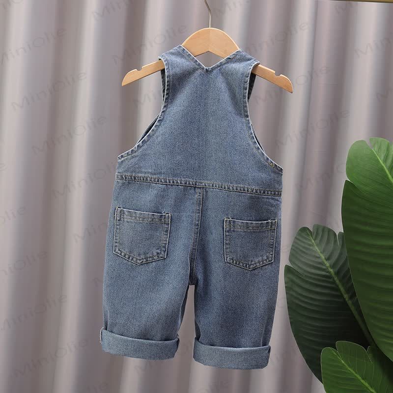 Toddler Baby Blue Bear Pocket Denim Rolled Hem Overalls - image 3